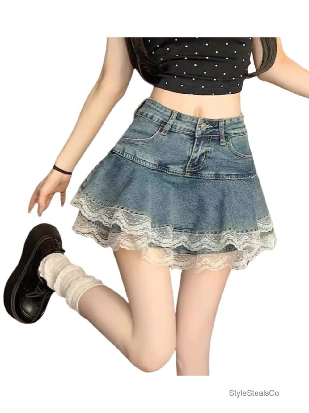 High Waist Denim Lace Mini Skirt A-Line Ruffle Y2K Kawaii Harajuku Streetwear